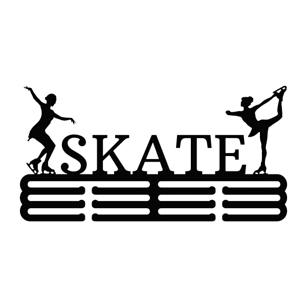 Black steel medal holder featuring the word 'SKATE' with two female roller skaters, one on each side, and 12 hooks for hanging medals.